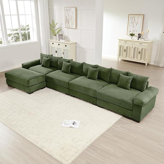 168 Corduroy Sectional Couches for Living Room Green Comfortable Oversized Sectional Sofa Set with Deep Seat Large 4 Seater with 1 Ottoman Sofas para Sala L Shaped Couch with Chaise Lounge