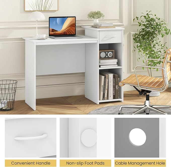 Computer Desk with Drawers 43.5’’ Writing Desk with Storage Shelves Wood Vanity Makeup Table Small Desk for Bedroom Living Room Study Home Office Small Space White (43.5'')