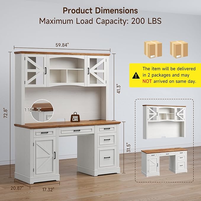 ONBRILL 72 H Farmhouse Executive Desk with Hutch Office Desk Computer Desks with Charging Station Computer Workstations with 5 Drawers and Storage Cabinet for Home Office Off White &amp Walnut