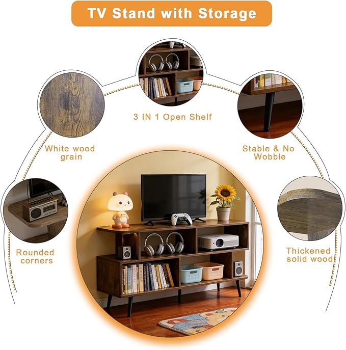 Lightdot 55 Inch TV Stand up to 65 Inch TVs Large Storage for Collection with 6 Open Shelves Sturdy Media Console Table for Living Room/Entrance/Kitchen/Sofa Cabinet Easy Assembly Amber