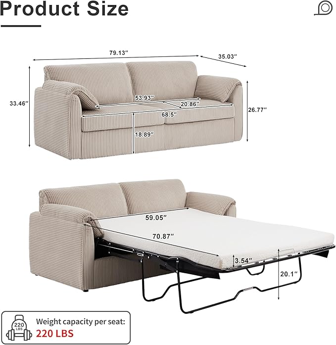 Pull Out Sofa Bed Corduroy Queen Sleeper Couch with Foam Mattress Large Sofa Sleeper Pullout Couch Bed for Living Room Office Queen Size (Beige Brown)