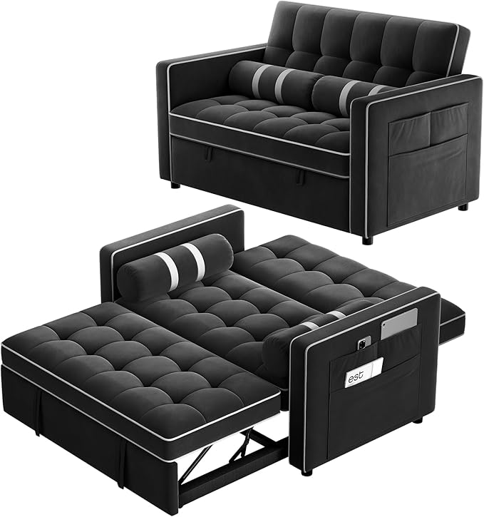 Pipishell 3 in 1 Convertible Sleeper Sofa BedPull Out Couch for Living Room with USB Ports &amp Side PocketsAdjustable BackrestVelvetLoveseat Sofa BedFuton CouchesBlack