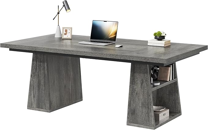YITAHOME 63 Executive Desk Large Office Desk Computer Desk with Double Pedestal and Storage Shelves Wood Simple Workstations Writing Table Conference Table Business Furniture for Home Office Grey
