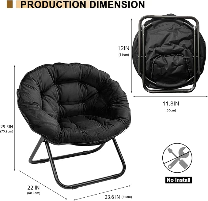 Grezone Folding Saucer Chair Oversized Lazy Moon Chair with Metal Frame Comfy Bedroom Chairs for Bedroom Living Room Study Black JC