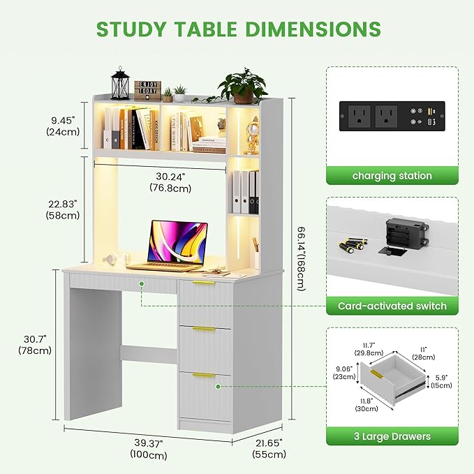 HNEBC Home Office Desk with Hutch and Drawers - 39 Standing Computer Desk with Charging Station&amp3 Color LightsHidden Compartment &amp Fluted Panel Design LED Writing Desk for Bedroom Study (W