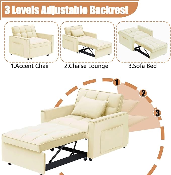 3 in 1 convertible Sleeper Sofa bed chair Modern Pull Out Couch Bed single recliner with adjustable back  Velvet Futon Folding Sofa Bed Chair for Living Room Bedroom small Spaces (Creamy White)