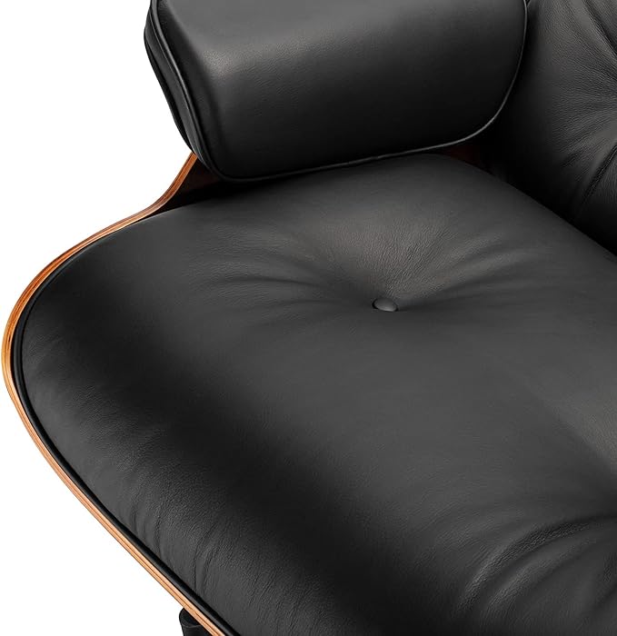 Top Black Grain Leather Mid Century Chaise Lounge Chair and Ottoman Modern Chair Classic Design Palisander Wood Heavy Duty Base Support for Living Room Office