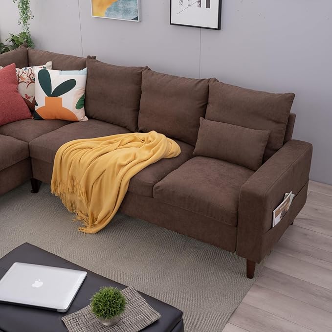 Panana 6 Seats Linen Fabric Large SECTIONAL Corner Sofa Settee - Sofa for Living Room-Left/Right-Hand Side Sofas Brown