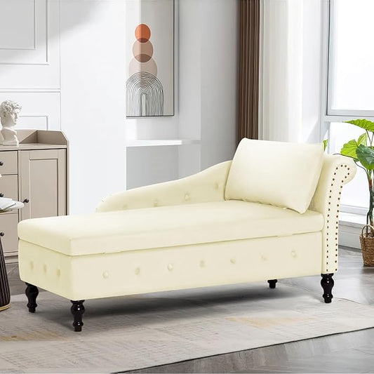 Upholstered Chaise Lounge with Right Armrest &amp Lumbar PillowButton Tufted Lounge Sofa with StorageLounge Chair IndoorModern Velvet Lounge Chair for Bedroom Living Room and OfficeBeige