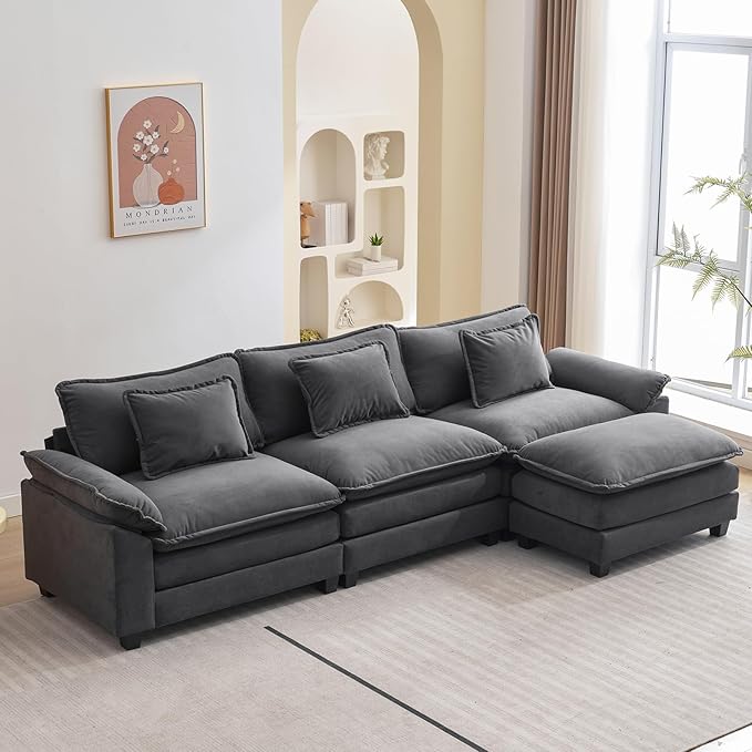 L Shape Sofa Comfy Sectional Cloud Couch for Living Room with Pillows Modern Velvet Sofa Sleeper Deep Couches with Ottoman (Grey 4-Seat)
