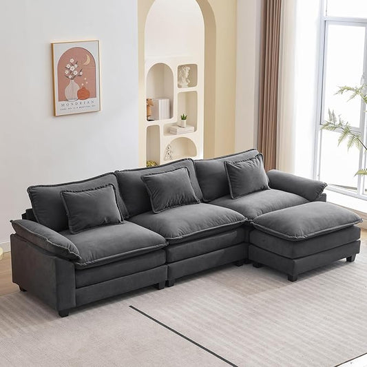 L Shape Sofa Comfy Sectional Cloud Couch for Living Room with Pillows Modern Velvet Sofa Sleeper Deep Couches with Ottoman (Grey 4-Seat)