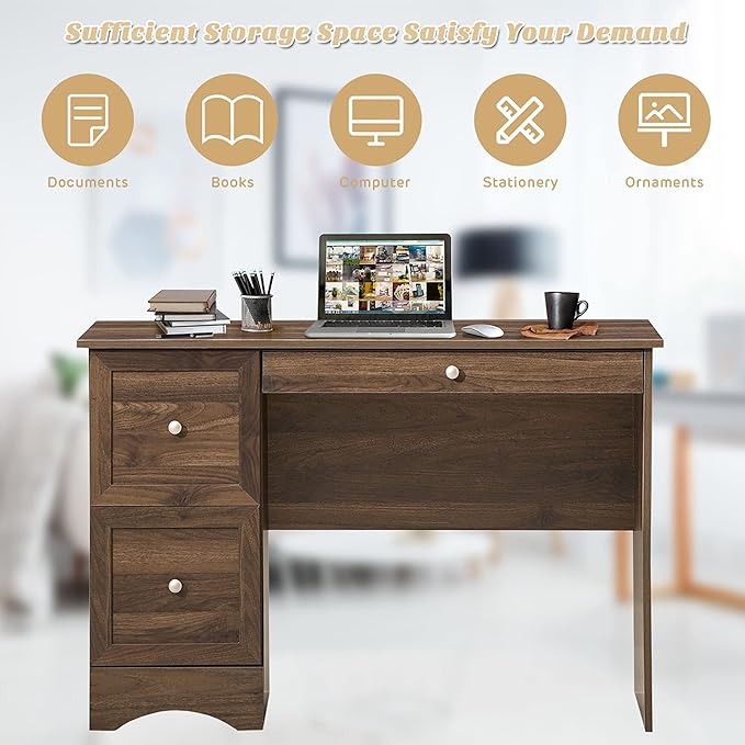 Compact Computer Desk Wooden Home Office Workstation with 3 Drawers Brown Modern Contemporary Rectangular