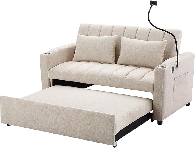 Pull Out Sofa Bed 55.9 Convertible Sofa Bed with 360°Swivel Phone Holderm Two Side Pockets Two Cup Holders 3 Level Adjustable Backrest Bella Fabric Loveseat Sofa (Beige * Loveseat90)