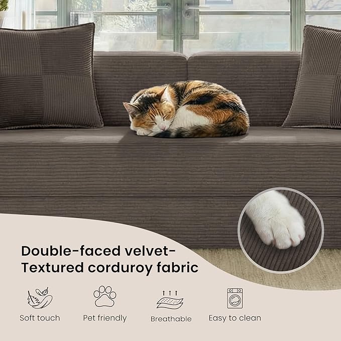 Belhome 78.8 Convertible Sofa Bed Futon Sofa Bed with Side Pocket Corduroy Pull Out Futon Sofa Boneless Couch for Living RoomsNo Assembly Required Latte