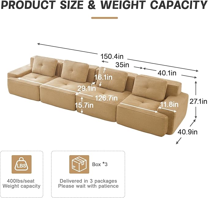 153 Modern Corduroy Cloud Sofa Boneless Modular Large Sectional Couches for Living Room Camel 4 Seater Compressed Memory Foam Couch Extra Deep Seat No Assembly