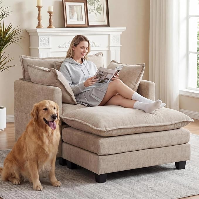 Furniliving Oversized Accent Chairs with Ottoman Luxury Chenille Single Sofa Upholstered Deep Seat Chaise Lounge with Pillows for Living Room Bedroom Apartment Camel