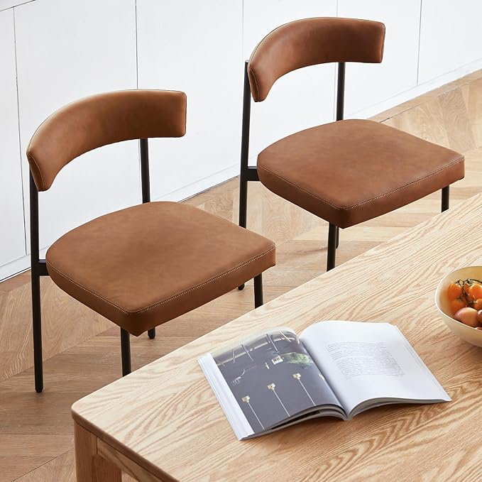 Brown Faux Leather Dining Chairs Set of 4 Armless Upholstered Kitchen ChairModern Dining Room Chair with Curved Backrest