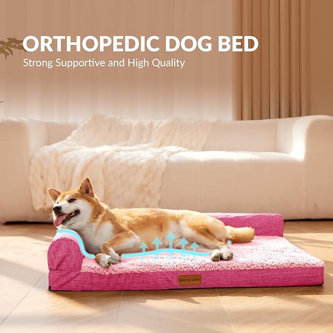 Patas Lague Orthopedic Jumbo Dog Bed for Extra Large Dogs 56''X40'' Waterproof L Bolster Pet Sofa Beds with Removable Washable Cover Soft Comfortable Pet Couch Crate Mat with Nonskid Bottom Pink