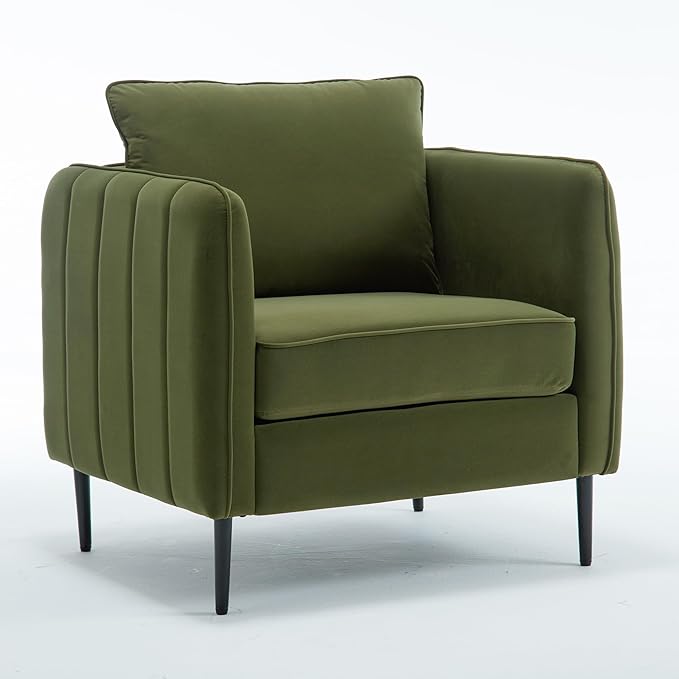 Mid-Century Modern Velvet Accent Chair - Plush Upholstered Armchair with Metal Legs 300lb Capacity Comfy Reading Chair for Living Room Bedroom or Office (Green)