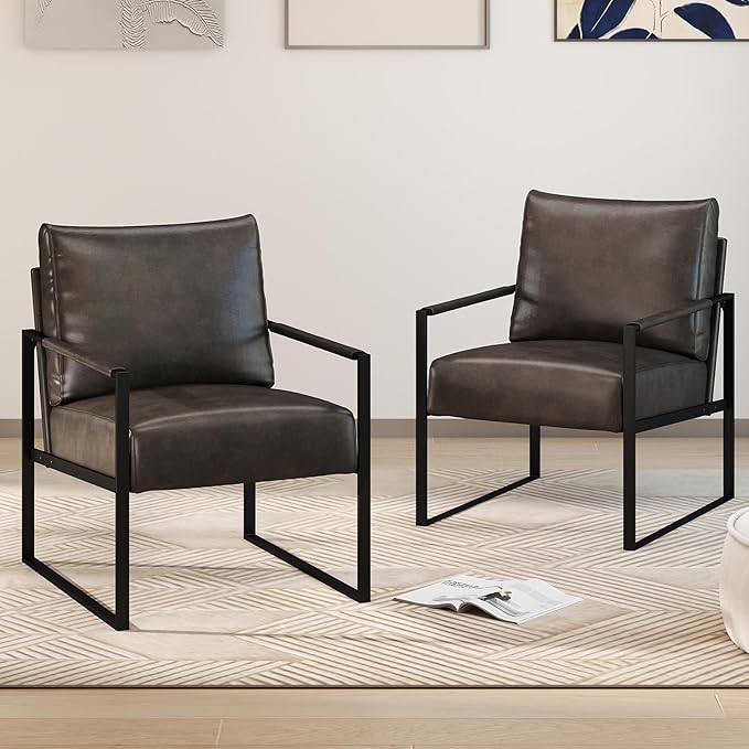 Leather Accent Chair Set of 1 Metal Framed Armchair with Extra Soft Backrest and Cushion Mid Century Modern Chair with Sturdy Structure Modern Arm Chair for Living Room/Office/Bedroom Dark Grey