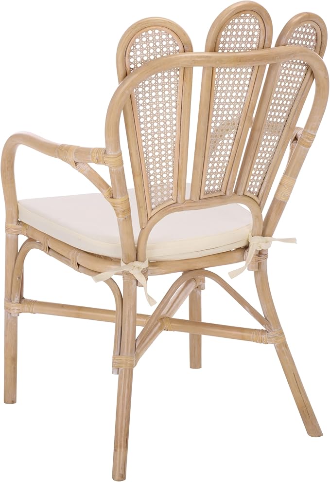 SAFAVIEH Home Collection – Maki White Washed Rattan Arm Chair with Ivory Seat Cushion Curved Scalloped Back Design Fully Assembled (ACH4904A)