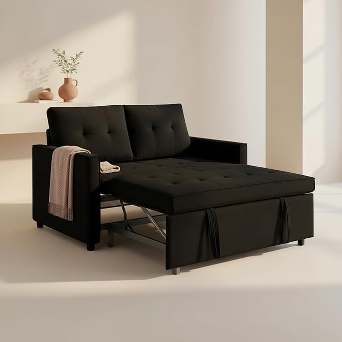 Sofa Bed Pull Out Couch with Side Pockets 3 in 1 Velvet Fabric Loveseat Sleeper Sofa Bed Pull Out Couch with Adjustable Backrest for Living Room Bedroom Apartment Black 53 Inch