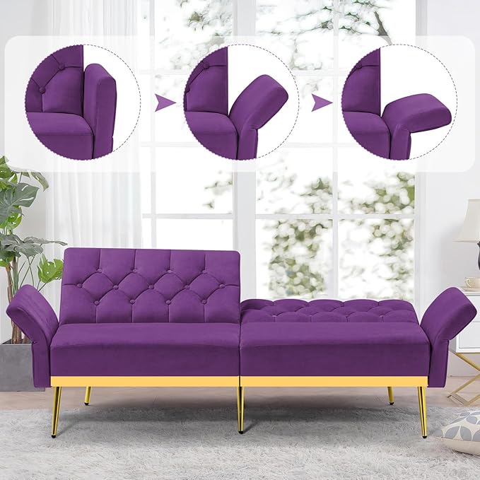 Velvet Sofa Bed w/Adjustable Armrests and Backrests Modern Convertible Sleeper Sofa Tufted Futon Sofa for Bedroom Living Room Apartment Purple