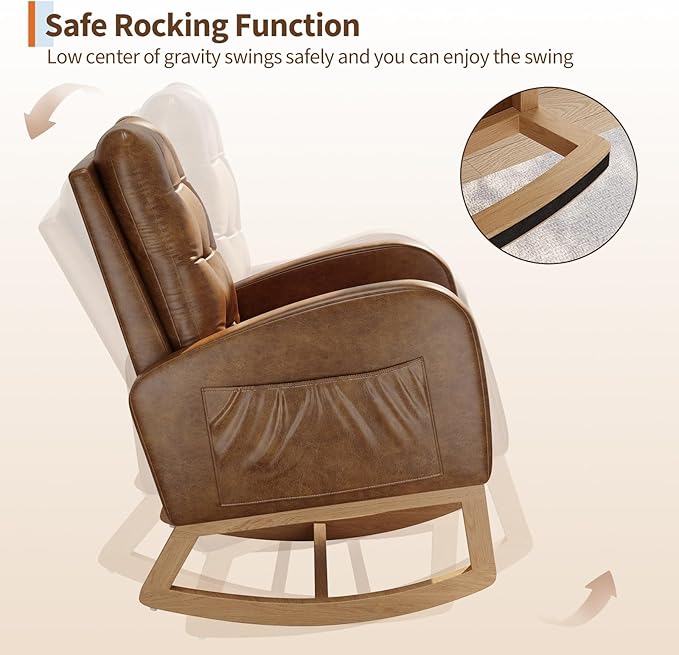 GarveeHome Nursery Rocking Chair Breathable PU Leather Upholstery Sturdy Wooden Legs &amp High Backrest Comfortable Glider Rocking Chair for Living Room or Bedroom Orange