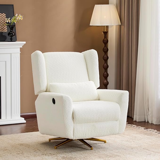 Christopher Knight Home Dolia Boucle Fabric Upholstered 360° Swivel Chair Push-Back Power Recliner Chair Iron Recliner Sofa with Rotation Living Room Lounge Sofa Adjustable Backrest Beige+Gold