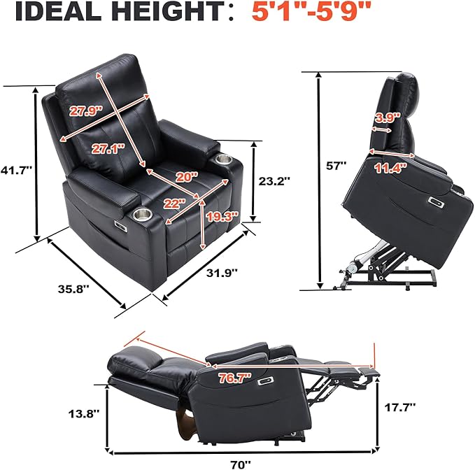 Triple Motor Power Lift Recliner Chair with Adjustable Lumbar Support Lay Flat Recliner for Elderly Breathable Black Lift Chair Leather Recliner Massage &amp Heating USB Ports Cup Holders