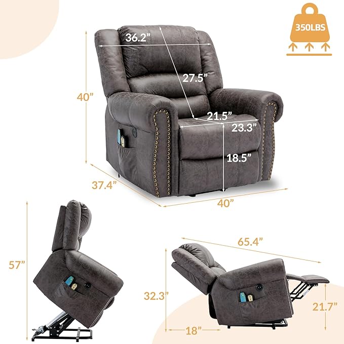 Electric Power Lift Recliner Chairs with Massage and Heat for Elderly Overstuffed Wide Ergonomic Lounge Chair Classic Single Sofa for Living Room with 2 Remote Control/USB Ports(Grey)