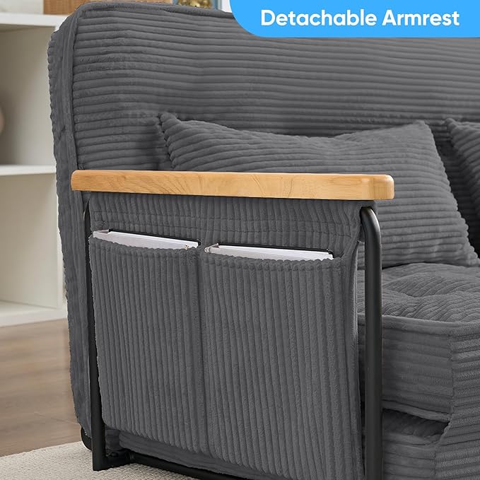 Mjkone 54 Adjustable Floor Couch with 2 Pillow Loveseat Sleeper Sofa with Side Pocket Multi-Functional Couch Bed 5 Position Lazy Sofa with Wooden Armrest for Living Room (Dark GrayLoveseat
