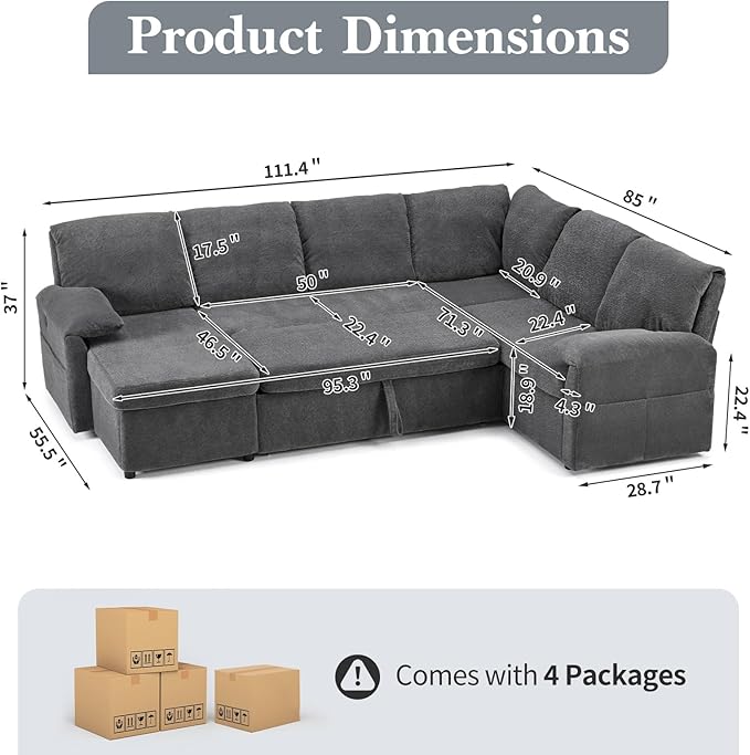 VINGLI Convertible Sofa Bed Couches for Living Room Sleeper Sofa with Pull Out Couch Bed Cloud-Like Plush Fleece U-Shape Sectional Couch with Storage Chaise USB Charging Side Pockets