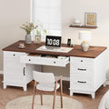 IDEALHOUSE Extra-Large Double Workstation Desk Spacious Home Office Desk with Adjustable Storage Cabinets Full-Extension File Drawers &amp Built-in Charging Station for Shared Work Brownish White