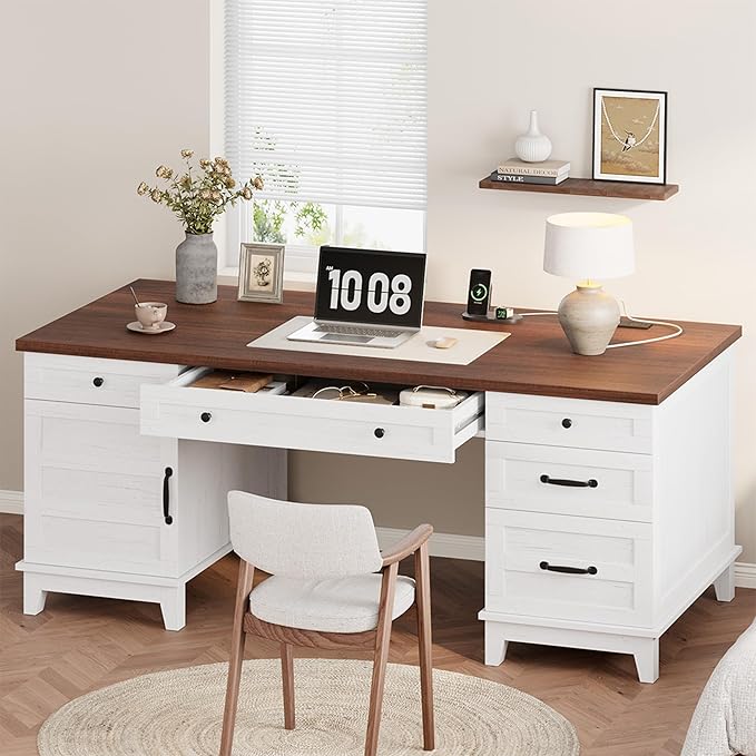 60 Executive Desk with Power Outlet Home Office Desk with Drawers Wooden Work Desk with File Cabinet Computer Desk for Work Study Writing White and Brown
