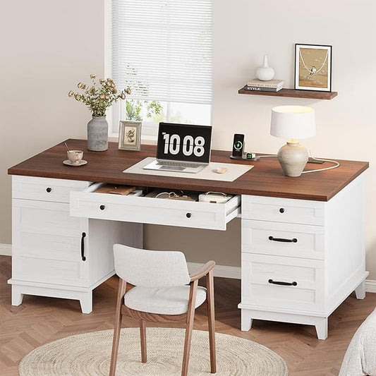 60 Executive Desk with Power Outlet Home Office Desk with Drawers Wooden Work Desk with File Cabinet Computer Desk for Work Study Writing White and Brown