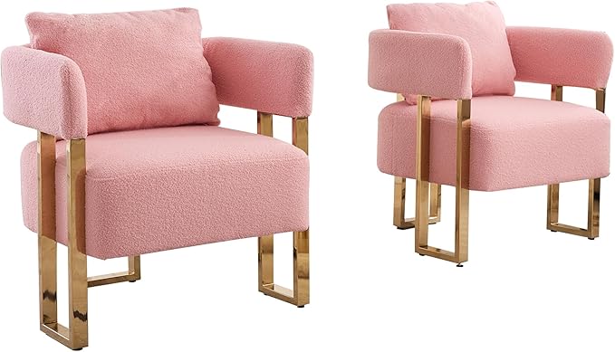 Oversized Pink Teddy Accent Chair Modern Barrel Chair with Gold Legs Metal Frame Upholstered Armchair for Bedroom Living Room Sofa Chair Club Side Chairs Home/Business (Set of 2 Pink)