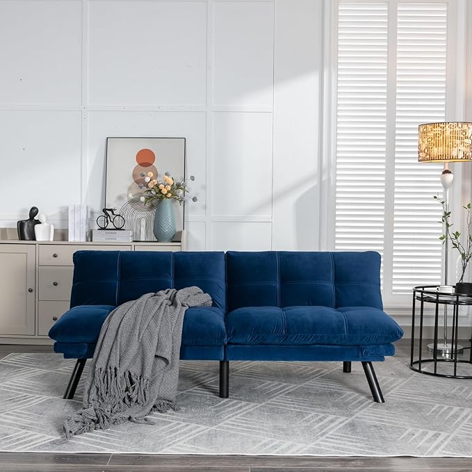 Anwick Futon Sofa Bed Velvet Convertible Futon Sleeper Couch 71 Sleeper Sofa Bed with Adjustable Backrest Modern Loveseat Couch for Compact Living Room Apartment Office (Blue)