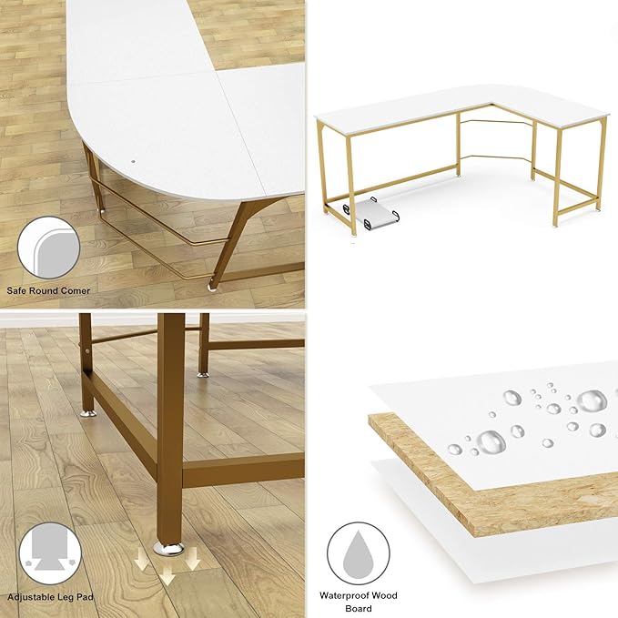 Teraves Reversible L Shaped Desk White - 57.9 Corner Gaming Computer Desk Office Workstation Modern Home Study Writing Wooden Table