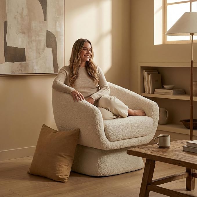 Modern 360 Degree Swivel Accent Chair28.74 Luxury Single Chair with Solid Wood FrameBoucle Sofa Chair Comfy Leisure Armchair for Living Room Apartment Game Reading Room Reception Space