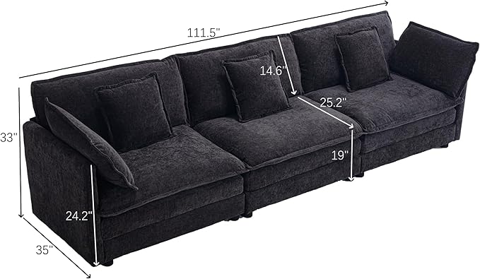 111.5 Oversized Deep Seat Sectional Sofa Black Modern Chenille Cloud Couch Large 3 Seater Modular Sofa with 5 Pillows for Living Room Bedroom Apartment Office