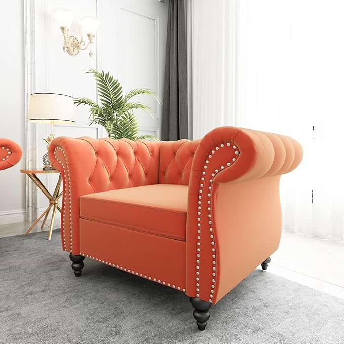 AVZEAR Living Room Accent Chair Upholstered Sofa Chair Single Sofa Chair with Tufted Back Velvet Chesterfield Sofa Chair for Living Room Apartment Orange