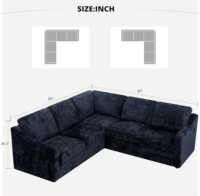 89 Inches Chenille Sectional Sofa with High Density Sponge Modern 5 Seats Corner Couch with Deep Seat Comfy Modular L Shaped Couch with Comfortable Back Cushions for Living Room Blue
