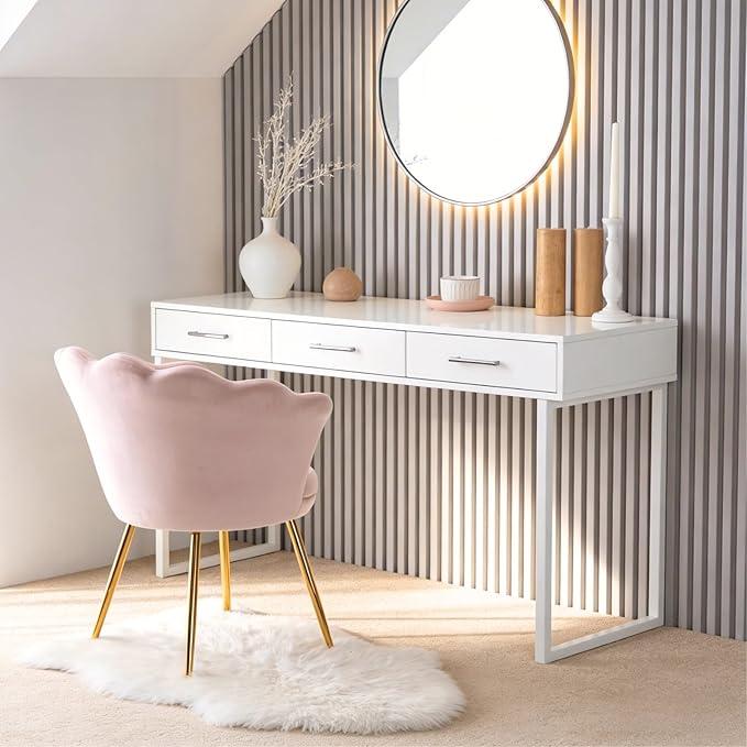 chairus Light Pink Makeup Vanity Chair with Back Modern Velvet Upholstered Small Accent Chair with Gold Metal Legs Cute Shell Shaped Vanity Stool Desk Chair for Living Room Bedroom Dressing Room