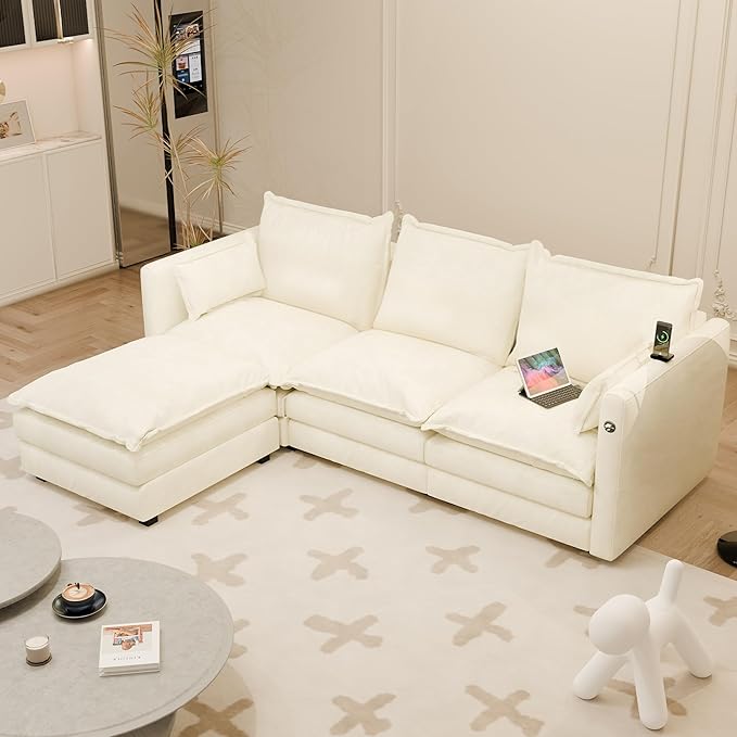 DYHOME l Shaped Sectional Couch with Padded Armrests Modern Modular Sectional Sofa 3 Seat with USB/Type-C Charging Port 27 Inch Deep Seat Chenille Cloud Couch with 5 Pillow for Living Room Bedroom