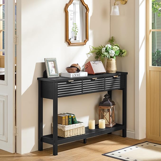 LEYAOYAO Fluted 47.2 Console Table with 3 Drawers Modern Wood 2 Tier Entryway Table with Open Storage Shelf Boho Sofa Entry Tables Behind Couch for Living Room Hallway Entrance Foyer Black Oak