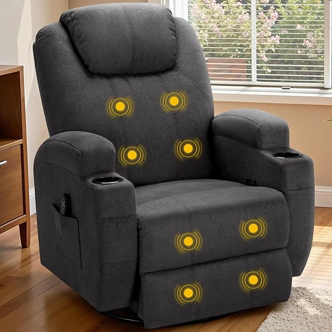 Recliner Chair 360° Swivel Rocker Chair for Adults Rocking Recliner Chair with Massage Comfy Single Sofa with Side Pockets Cup Holders for Living Room Bedroom Nursery (Fabric Dark Gray)