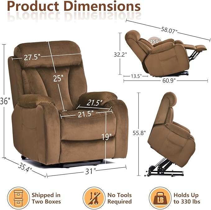cinkehome Small Power Lift Recliner for Elderly Lift Chair Recliners Electric Recliner Chairs for Seniors Remote Control Adjustable Side Pocket (Velvet Brown)