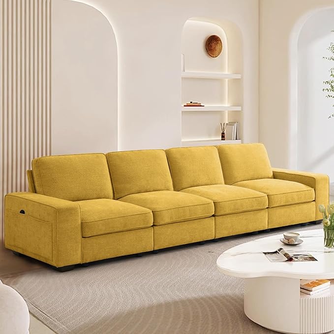 TEKAMON 128 Modular Sofa Couch with Seat Storage Chenille SofaModern Comfy 4-Seater Couch for Living Room Office Apart W/Deep Seat Wide Armrest USB Pockets Removable Covers (Yellow)