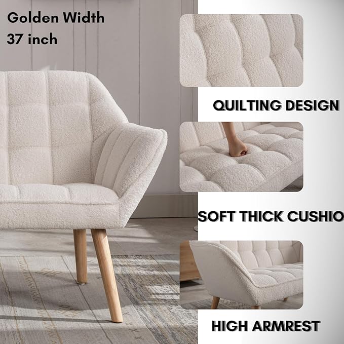48”Small Loveseat Sofa Modern Sherpa Upholstered Mini Couch 2-Seater Fluffy Love Seat with Quilting Backs and Wood Legs for Living Room Bedroom and Small Space White